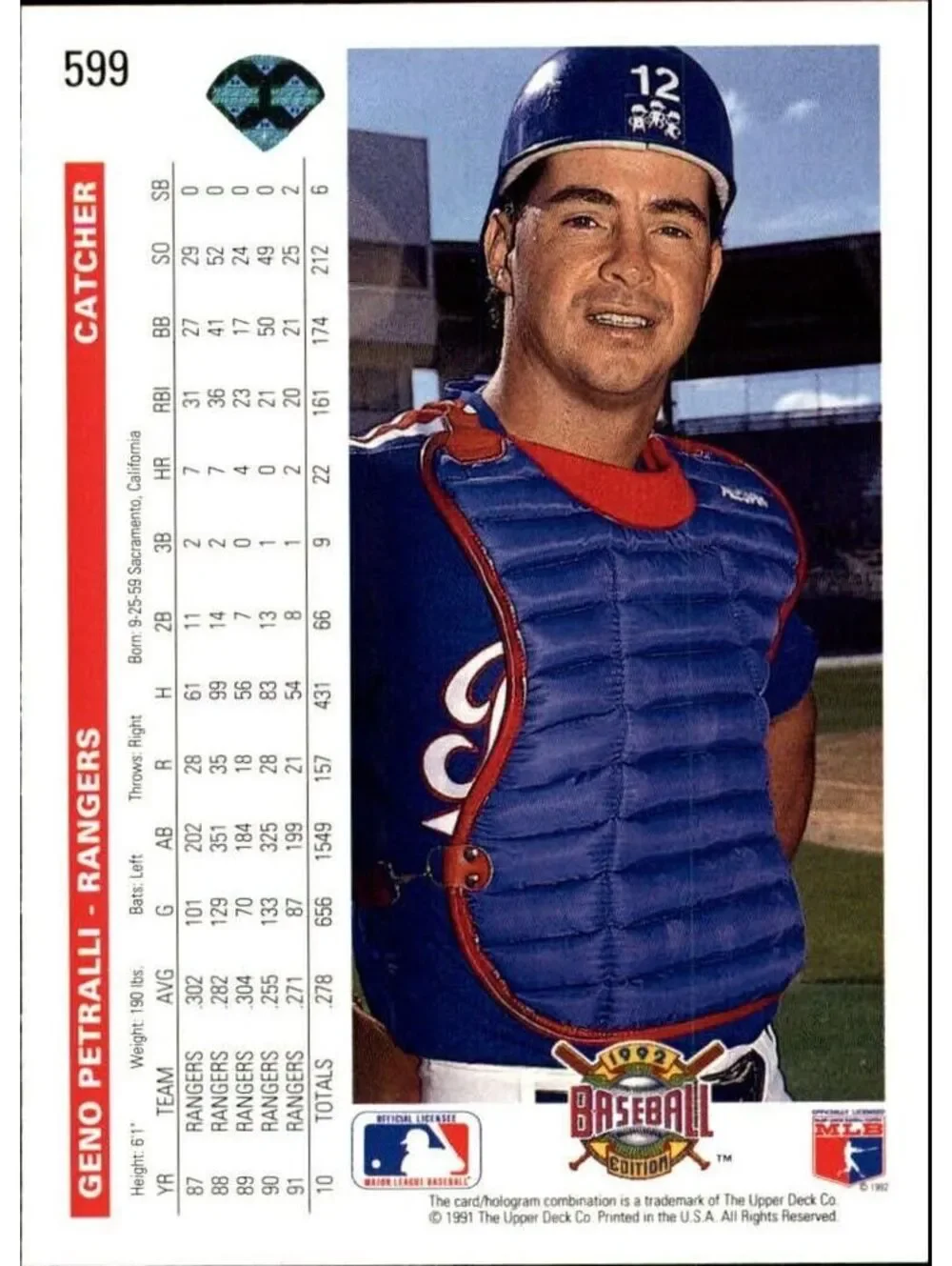 Geno Petralli 1992 Upper Deck MLB #599 Baseball Card Texas Rangers